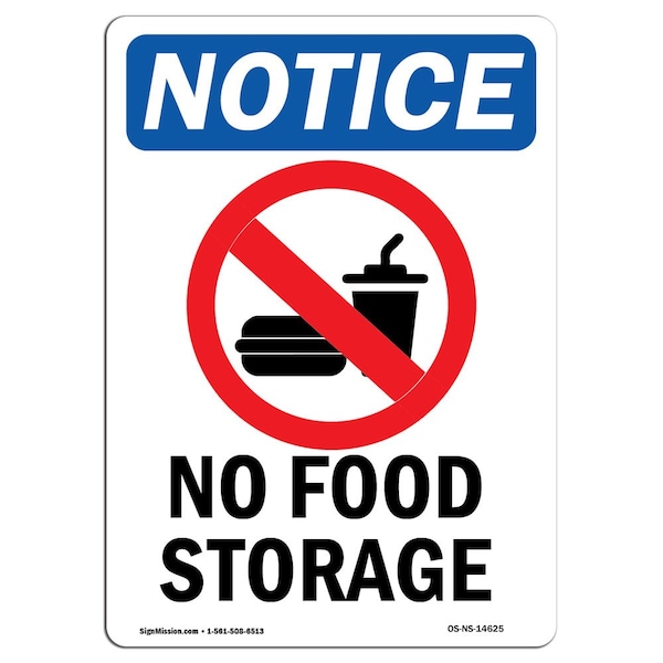 Safety Sign, OSHA Notice, 5" Height, No Food Storage Sign With Symbol, Portrait, 10PK